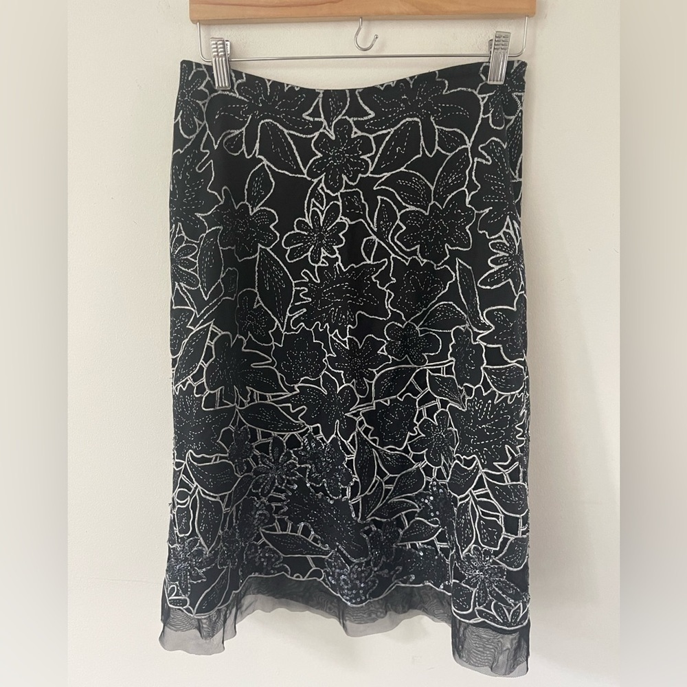 Basil & Maude Womens Black Embellished Embroidered Cotton Poly Boho Skirt Size 8